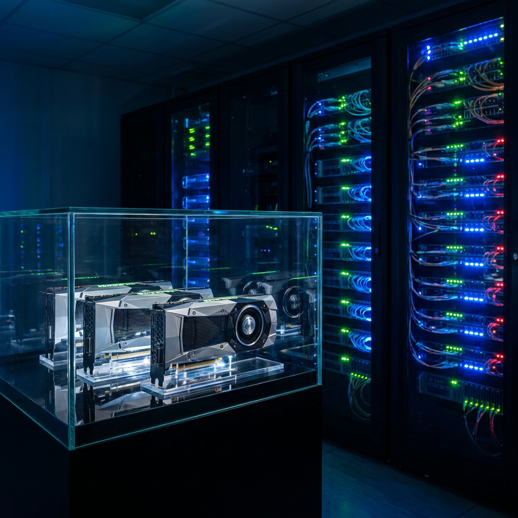 Graphics cards in a glass display case inside a data center with glowing server racks.