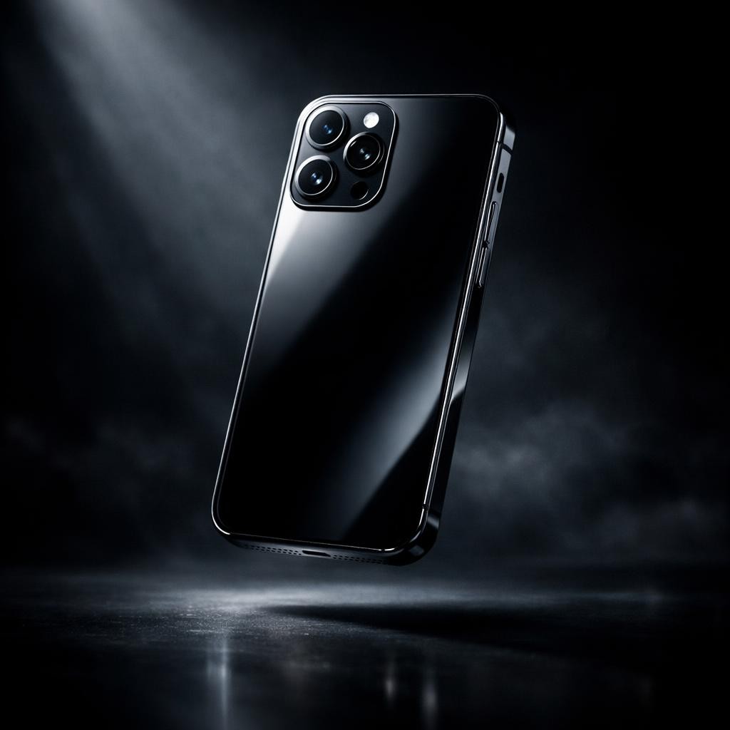 Black smartphone with triple camera lenses and flash on dark background